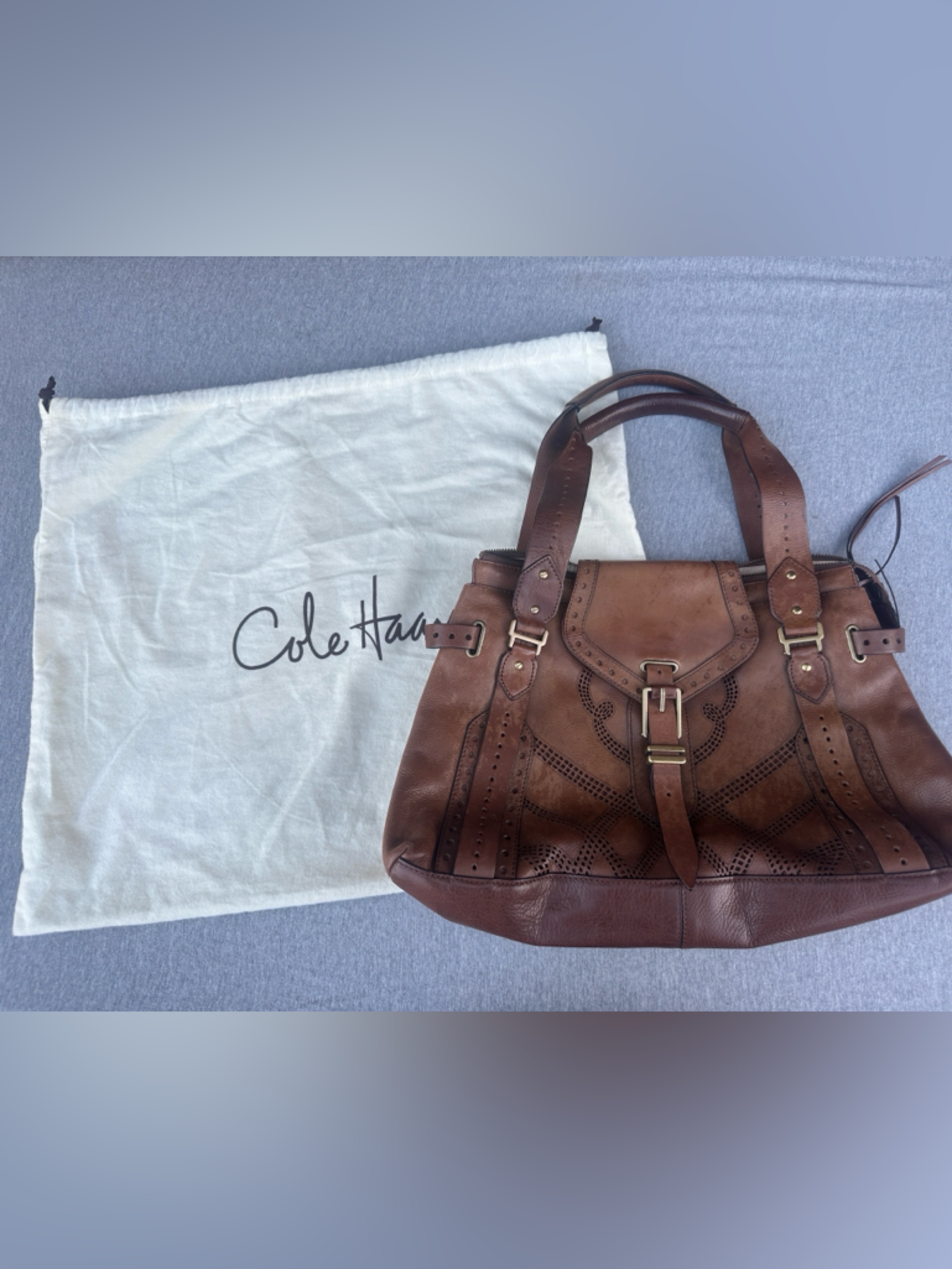 Cole Haan Sierra Laser Cut Brown Genuine Purse Shoulder Buckle Bag